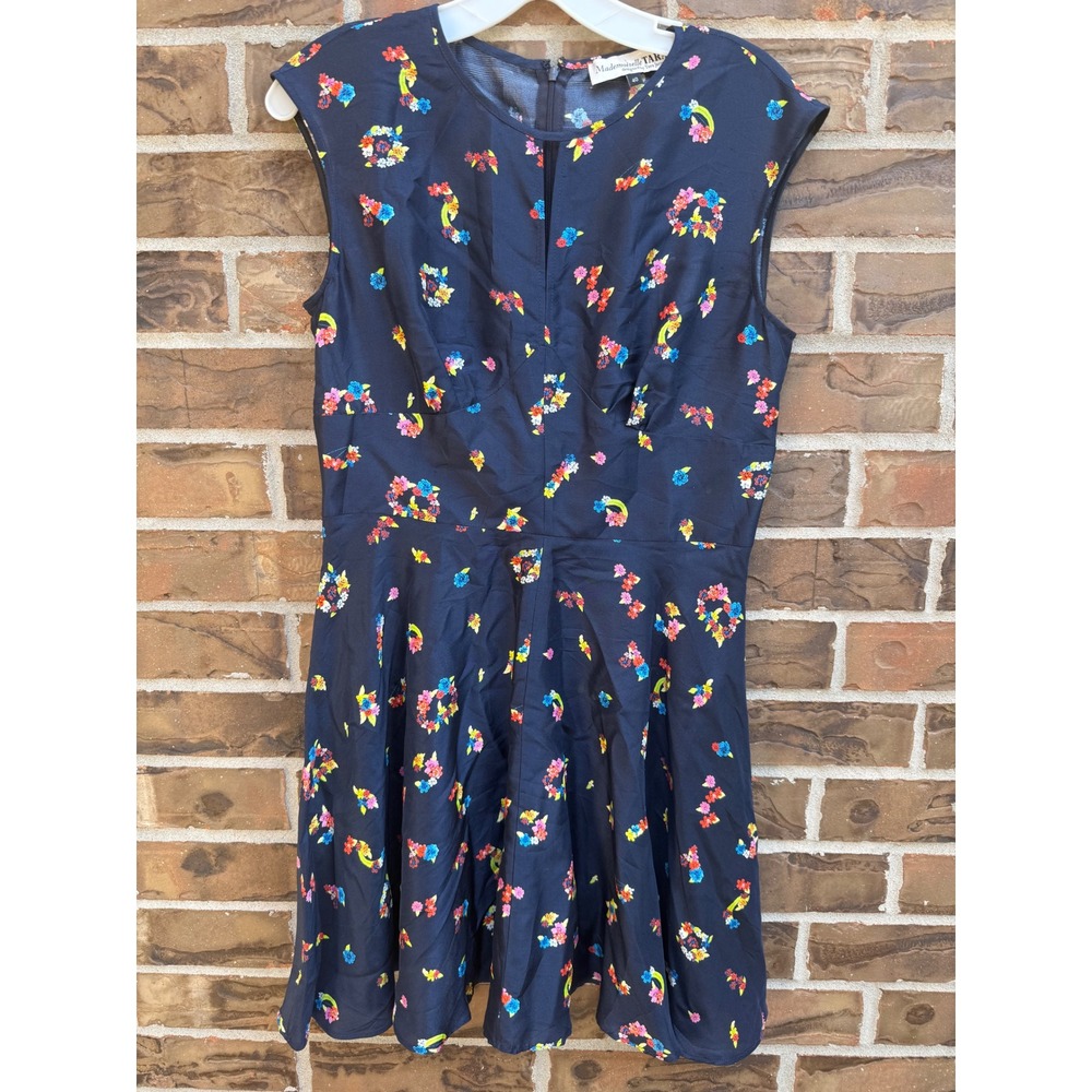 Mademoiselle Tara Jarmon Navy Blue 100% Silk Floral Rainbow Mini Dress FR40 US M